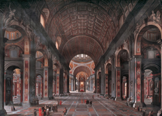 "17 x 23.5 foot painting by George Cooke of the interior of Saint Peter's in Rome." -- http://tate.uga.edu/weddings/chapel-history