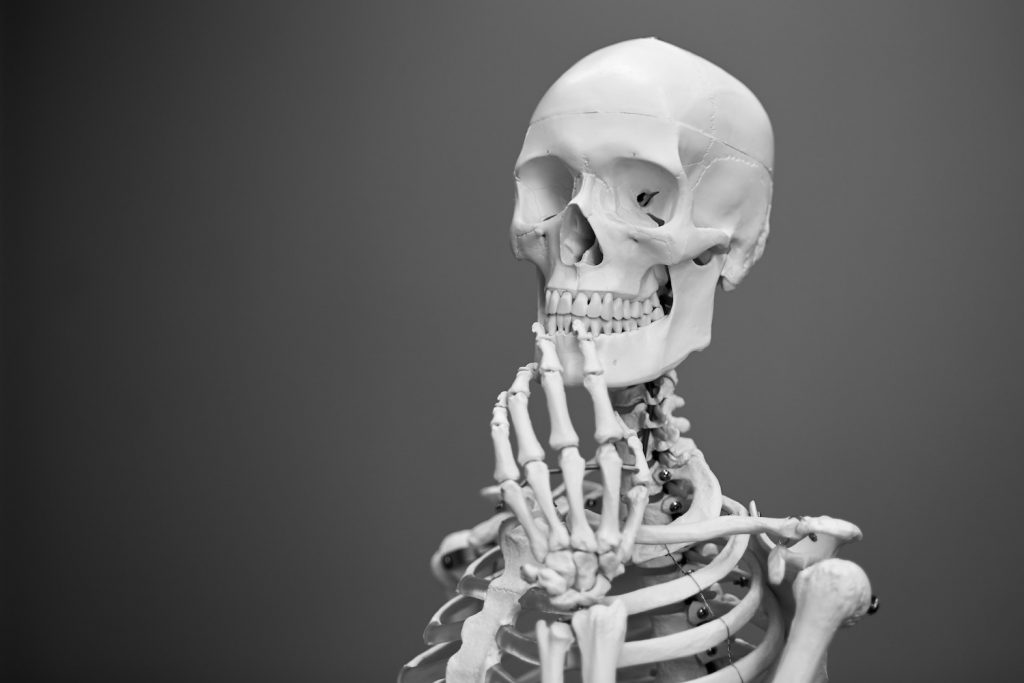 deco image: skeleton in thinking pose